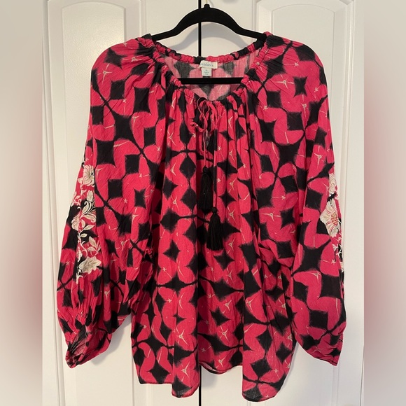 Sundance Hyacinth Batik 100% Cotton 
Embroidered Puff Sleeve Top XL (oversized) - Picture 2 of 10